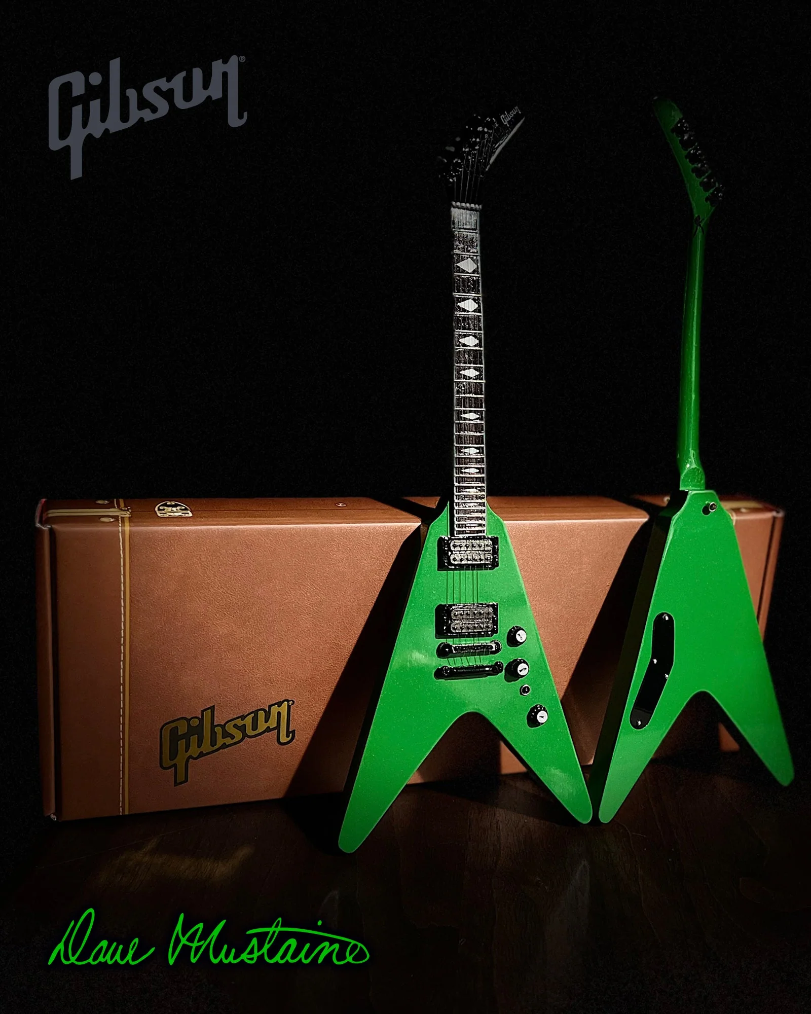 DAVE MUSTAINE - GIBSON FLYING V EXP RUST IN PEACE ALIEN TECH GREEN MINI GUITAR - Image 2