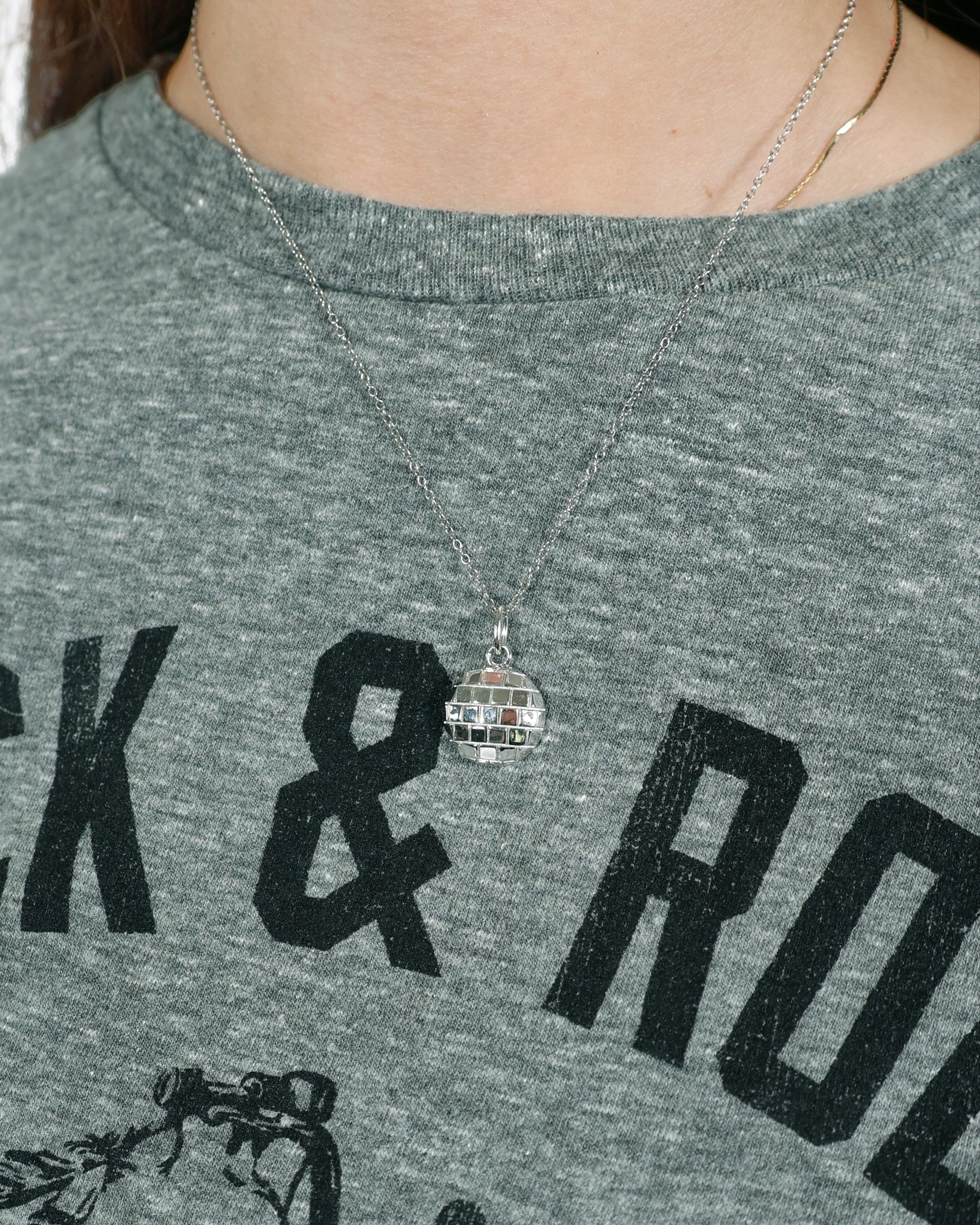 ROCK HALL STERLING SILVER DISCO BALL CHARM NECKLACE