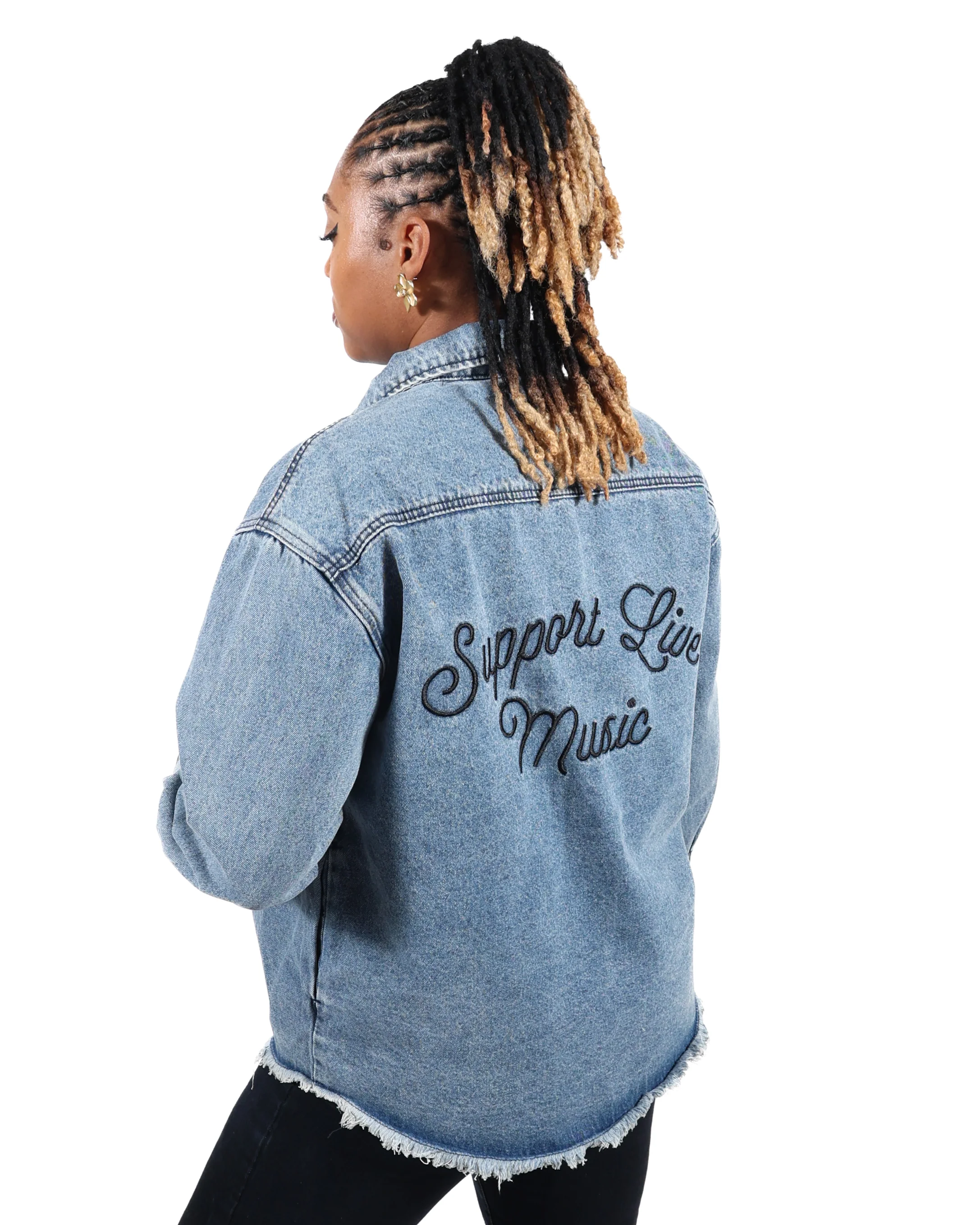 ROCK HALL SUPPORT LIVE MUSIC SCRIPT FITTED DENIM JACKET - Image 3